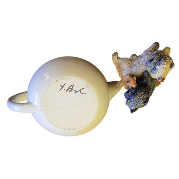 Teapot 2 Carin Terriers Dogs Lid Artisan Made & Signed Ceramic & Floral Accent - Picture 5 of 5